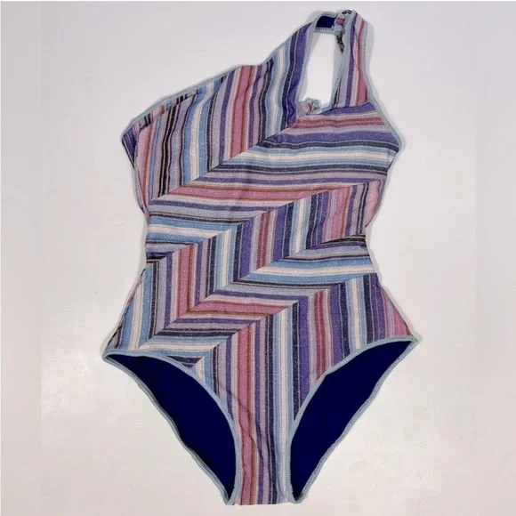 NEW BECCA Purple/Blue South Coast Printed Metallic Asymmetrical One-Piece Size M - Picture 4 of 11